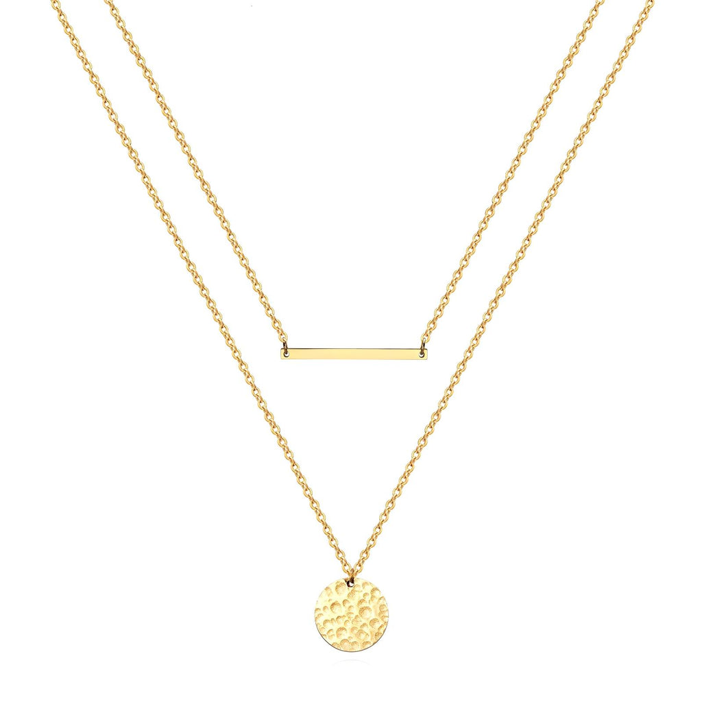 Double Layered Bar and Circle Necklace in 18K Gold Plated Stainless Steel