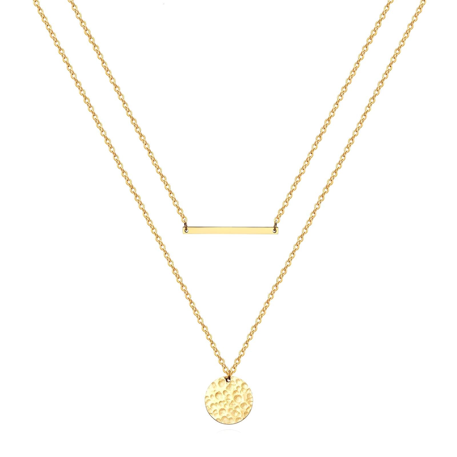 Double Layered Bar and Circle Necklace in 18K Gold Plated Stainless Steel