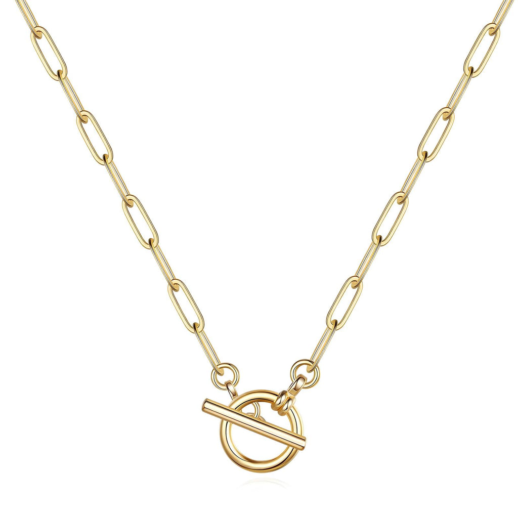 Linked Chain T-Bar Necklace in 18K Gold Plated Stainless Steel