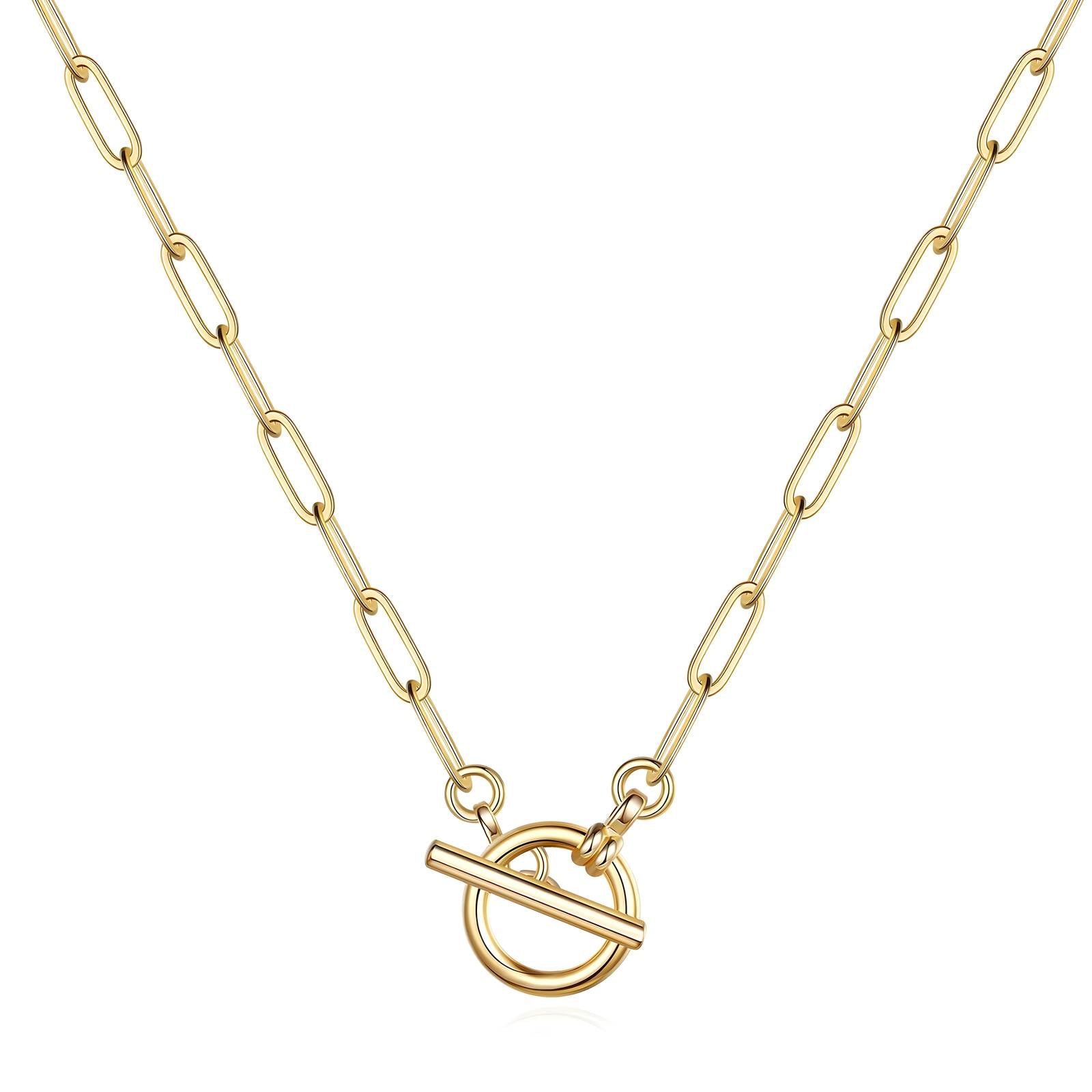 Linked Chain T-Bar Necklace in 18K Gold Plated Stainless Steel