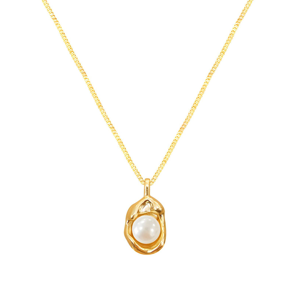 Pearl Dented Pendant Necklace in 18K Gold Plated Stainless Steel