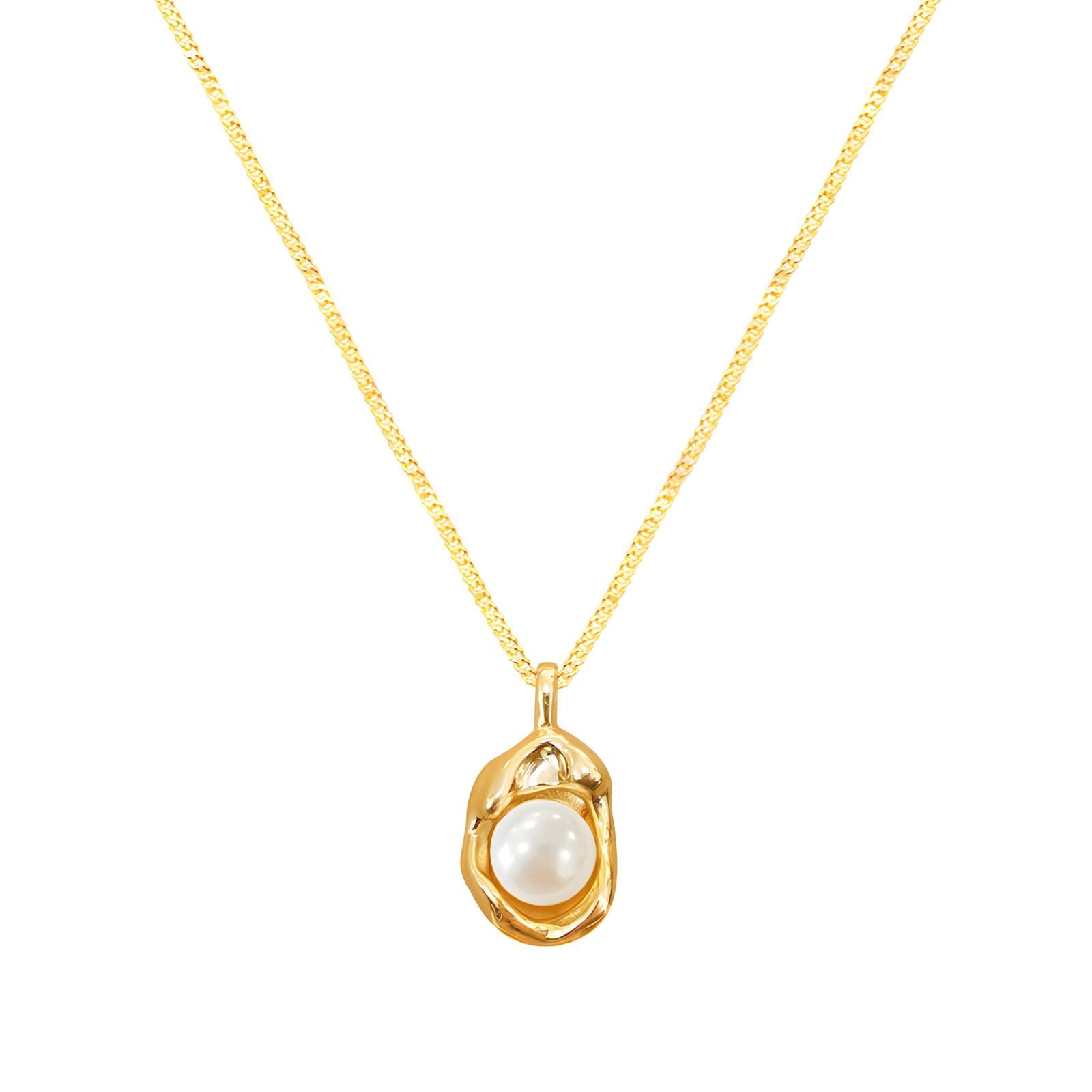Pearl Dented Pendant Necklace in 18K Gold Plated Stainless Steel