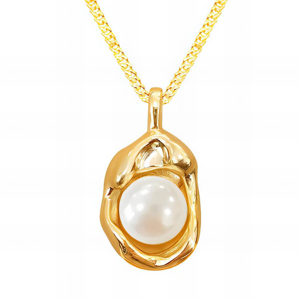 Pearl Dented Pendant Necklace in 18K Gold Plated Stainless Steel
