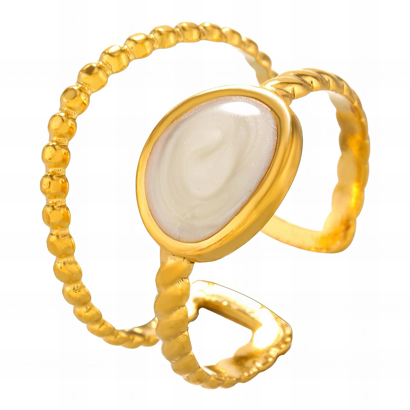 Double Banded Beaded and Roped Shell Ring in 18K Gold Plated Stainless Steel