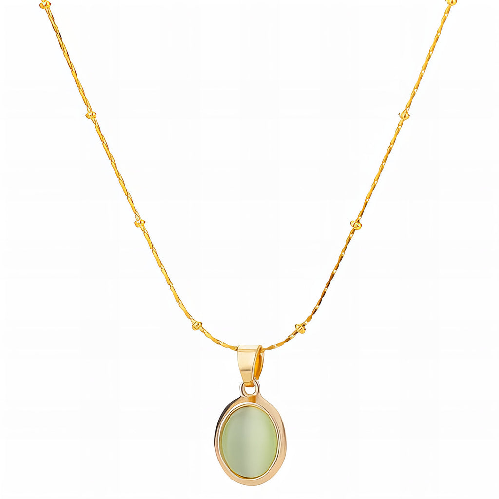 Oval Shaped Pendant with Beaded Necklace in 18K Gold Plated Stainless Steel