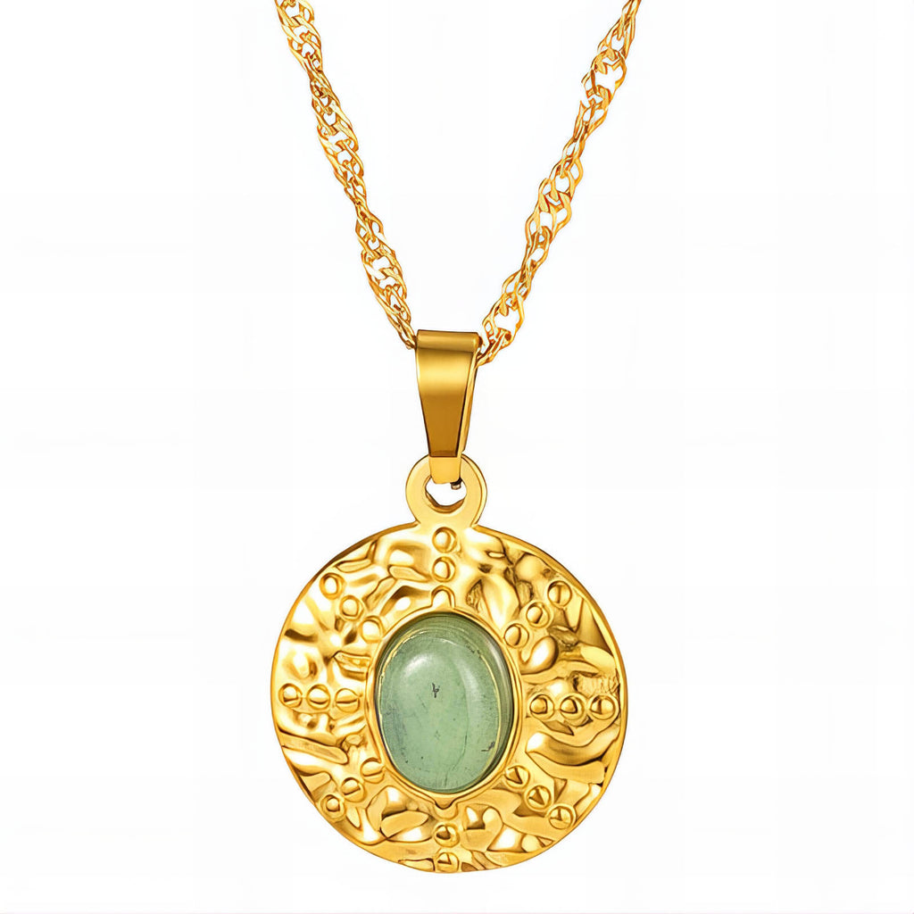 Circle Dented Pendant with Green Gemstone in 18K Gold Plated Stainless Steel