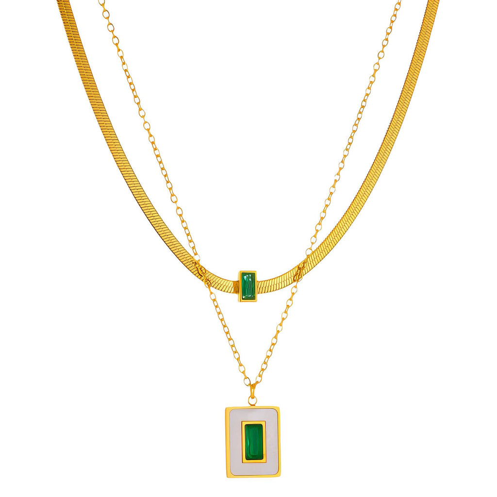 Double Layered Chain Necklace with Green CZ Stones in 18K Gold Plated Stainless Steel
