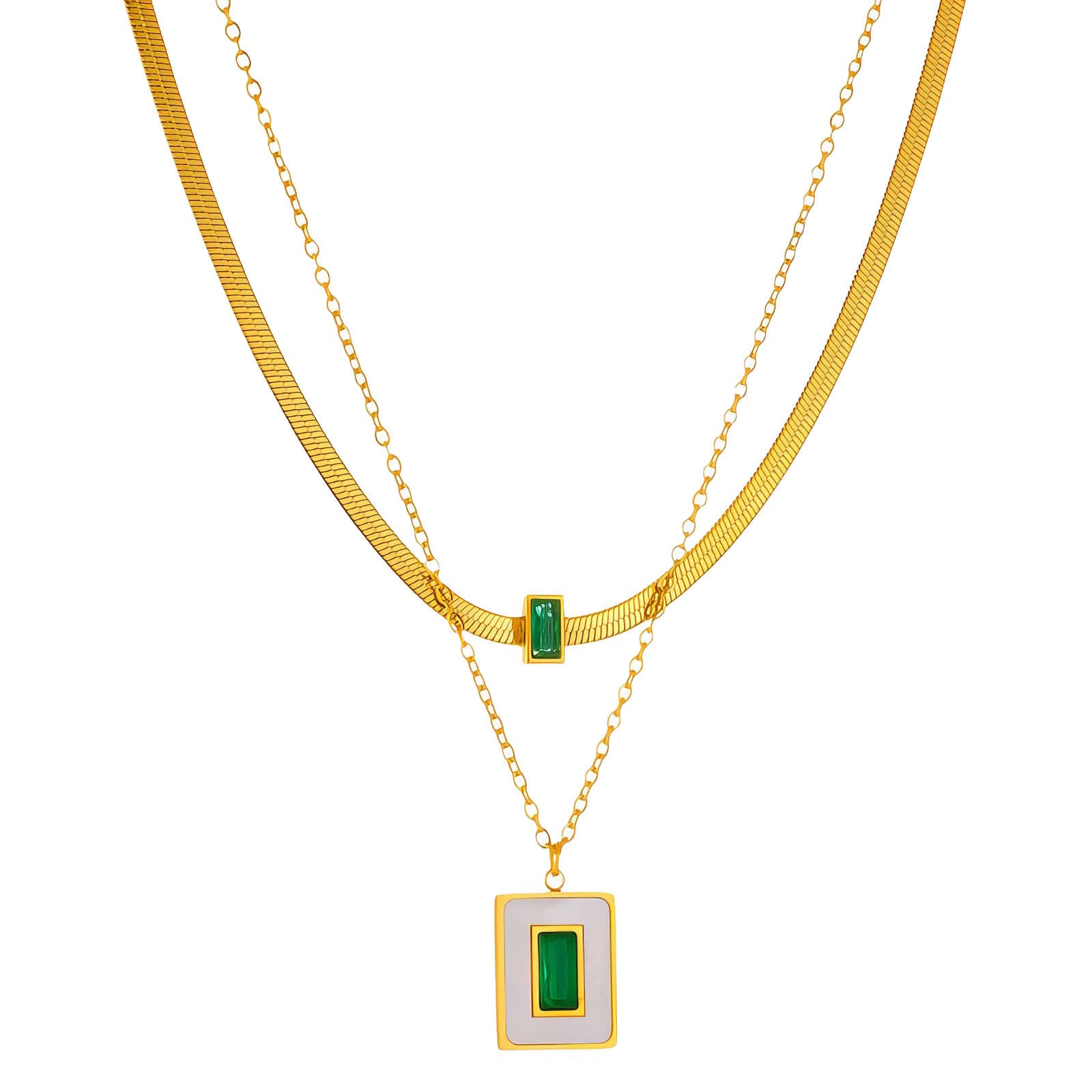 Double Layered Chain Necklace with Green CZ Stones in 18K Gold Plated Stainless Steel