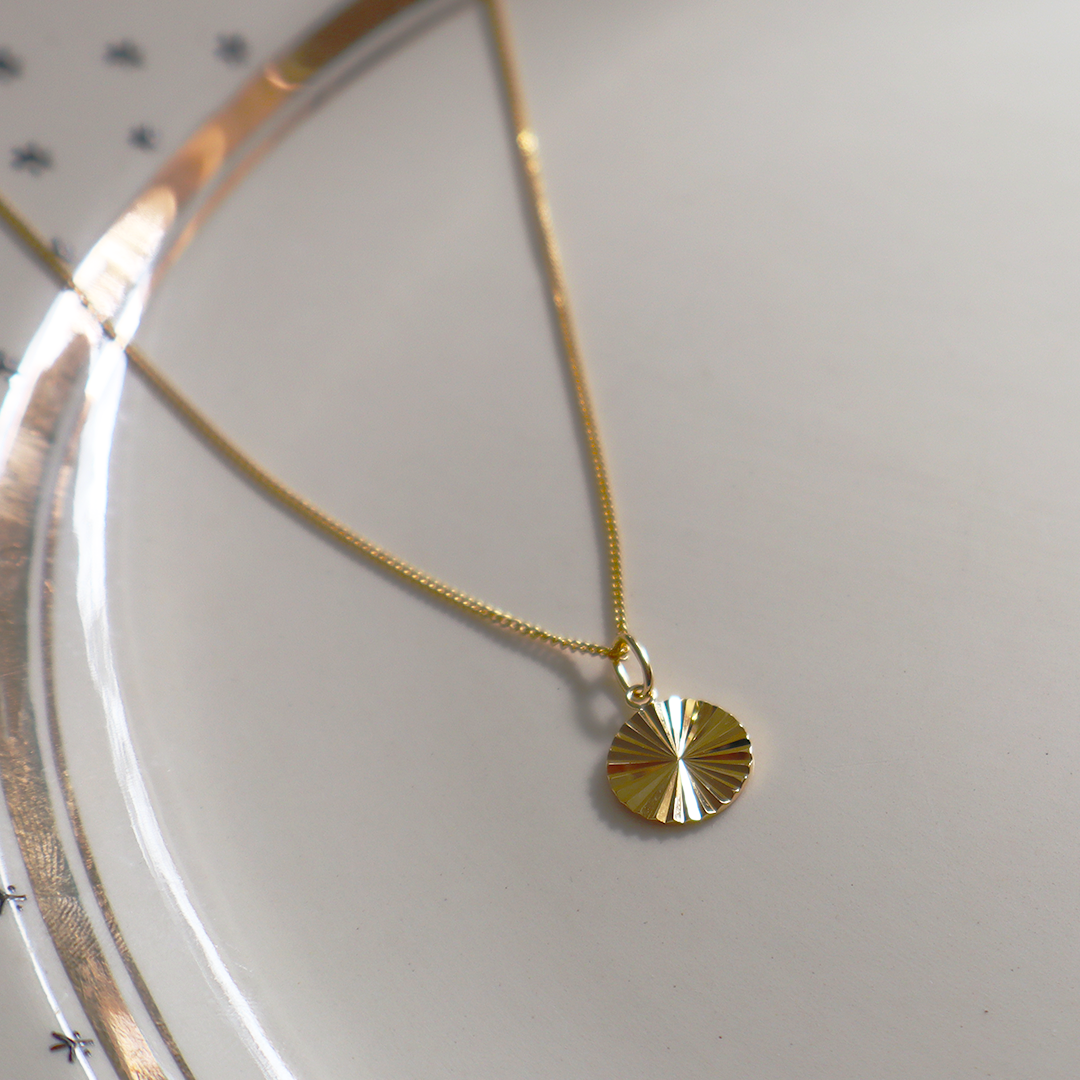Circle Sunburst Dainty Pendant with 18" Gold Plated Sterling Silver Chain