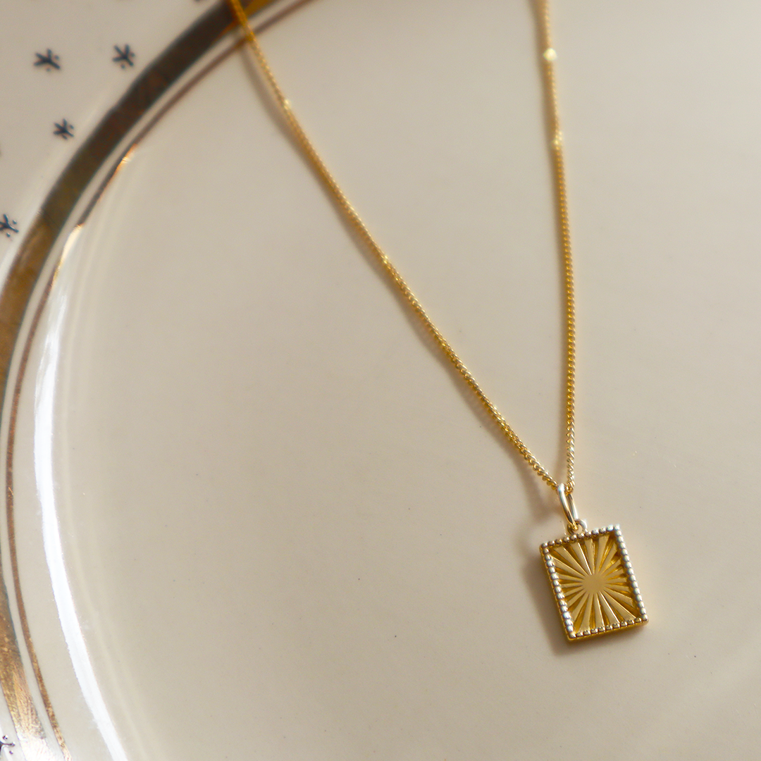Rectangular Sunburst Dainty Pendant with 18" Gold Plated Sterling Silver Chain