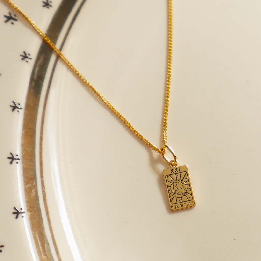 Tarot Card "World" Dainty Pendant with 16" Gold Plated Sterling Silver Chain