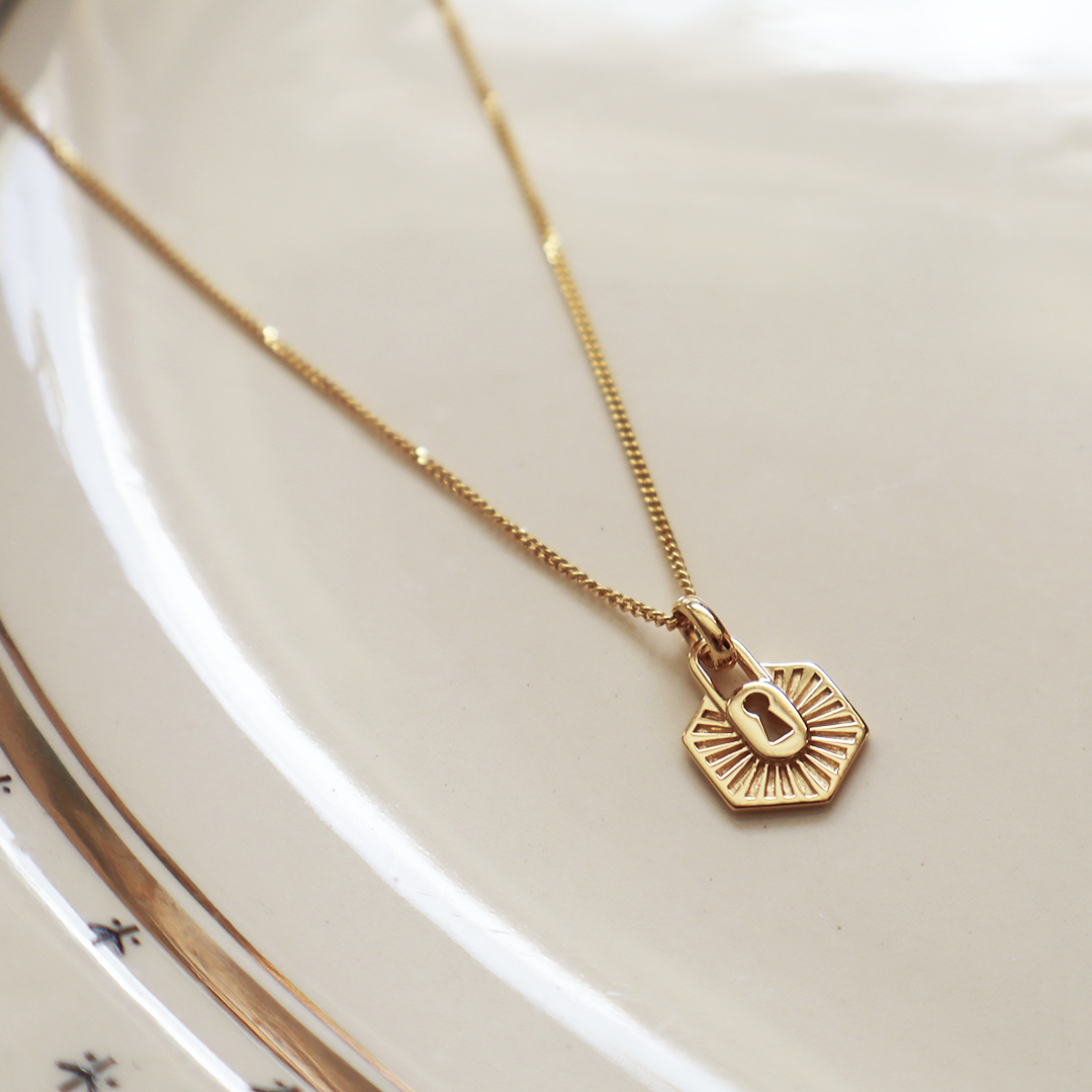 Keyhole Hexagon Dainty Pendant with 18" Gold Plated Sterling Silver Chain