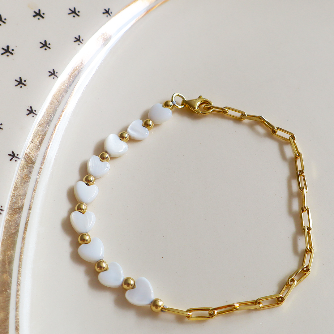 Mother of Pearl Heart Gold Plated Sterling Silver Bracelet