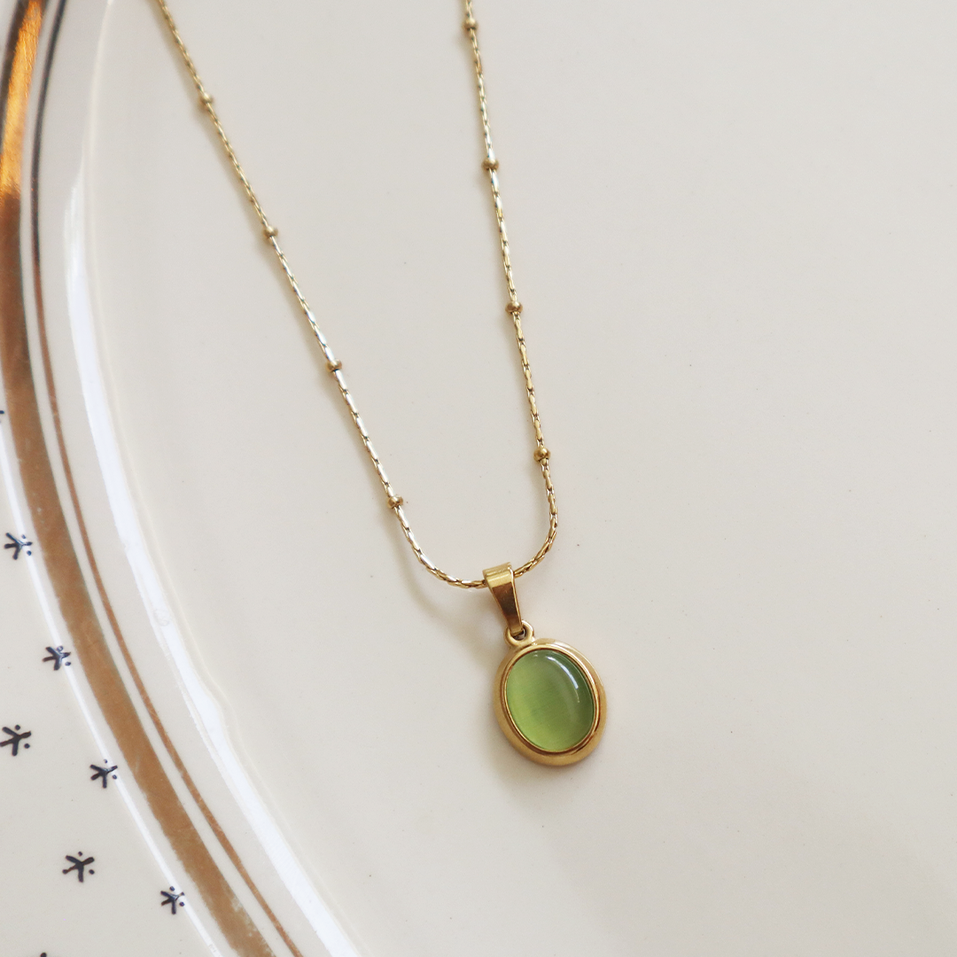 Oval Shaped Pendant with Beaded Necklace in 18K Gold Plated Stainless Steel