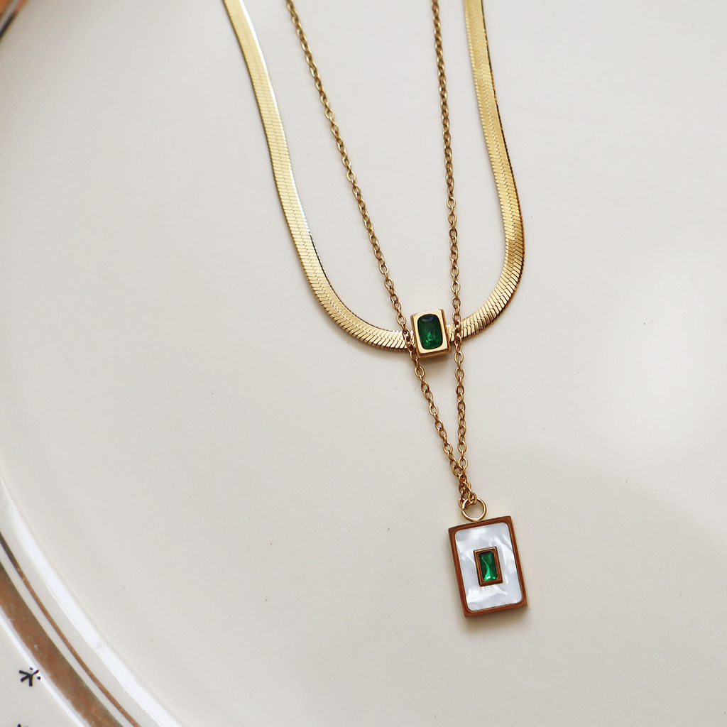 Double Layered Chain Necklace with Green CZ Stones in 18K Gold Plated Stainless Steel