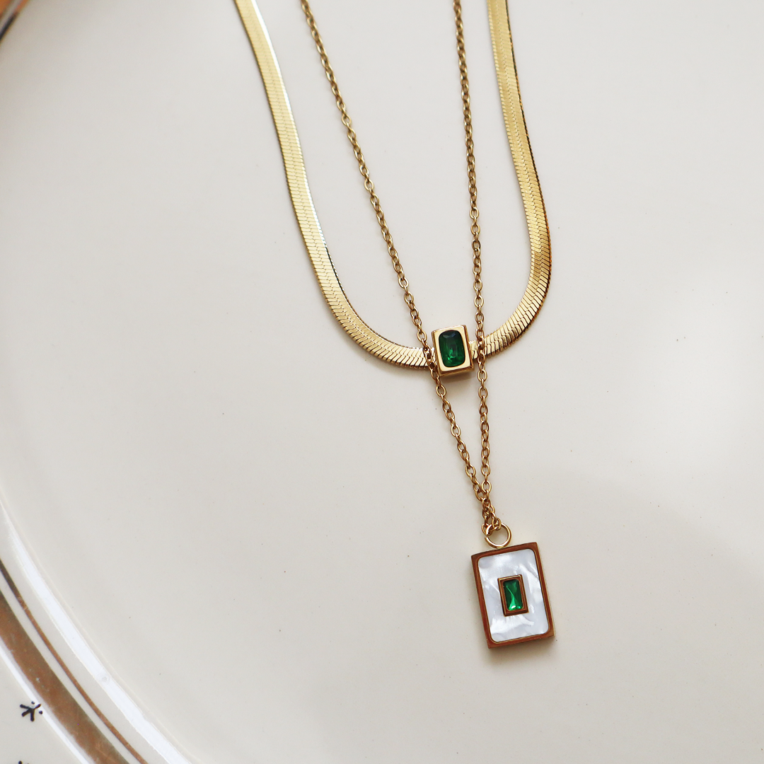 Double Layered Chain Necklace with Green CZ Stones in 18K Gold Plated Stainless Steel