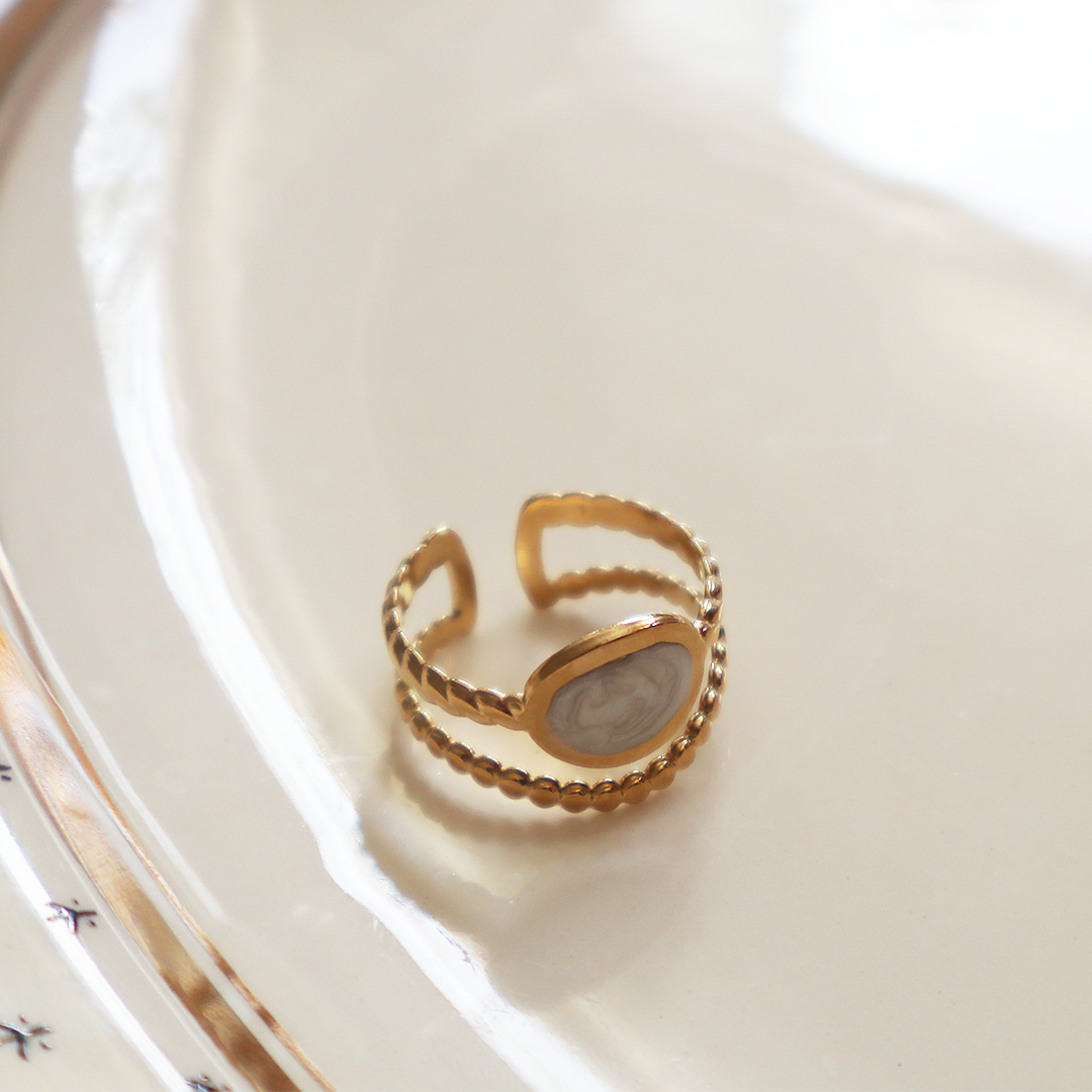 Double Banded Beaded and Roped Shell Ring in 18K Gold Plated Stainless Steel