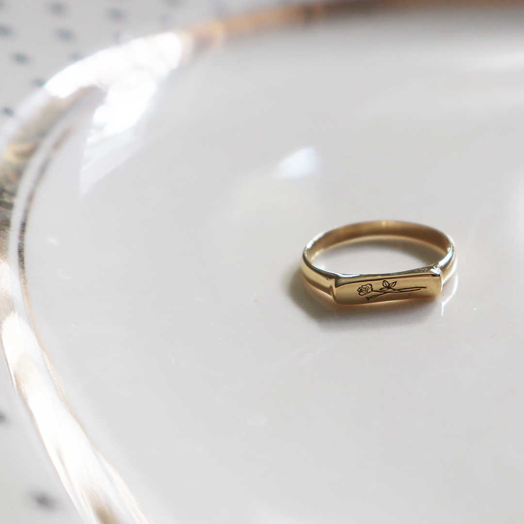 Imprinted Flower Gold Plated Sterling Silver Ring