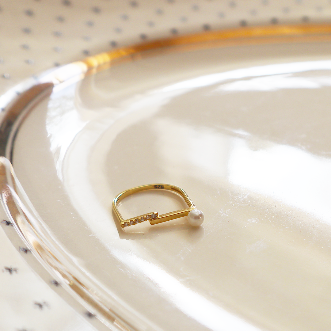 Pearl & CZ Thin Gold Plated Sterling Silver Ring