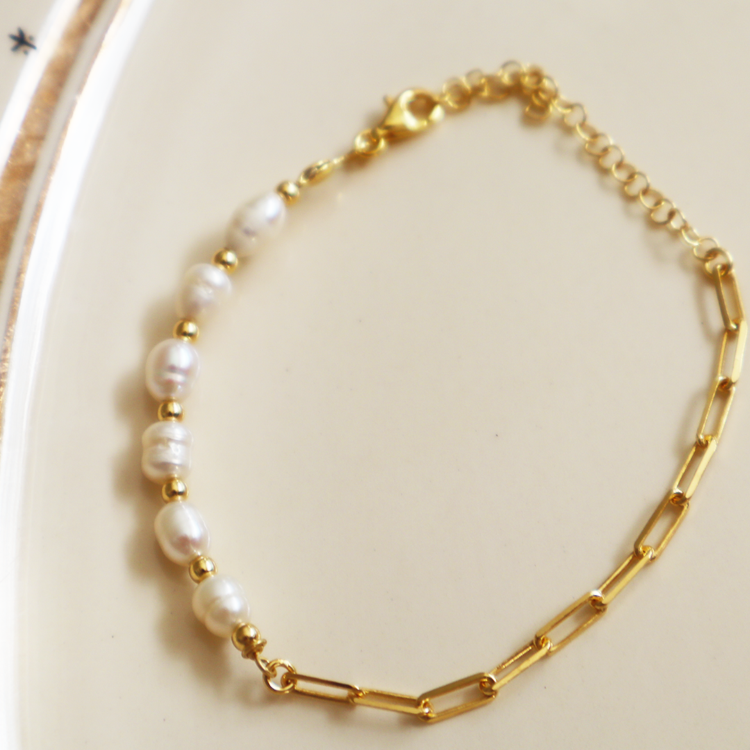 Pearl & Chain Gold Plated Sterling Silver Bracelet