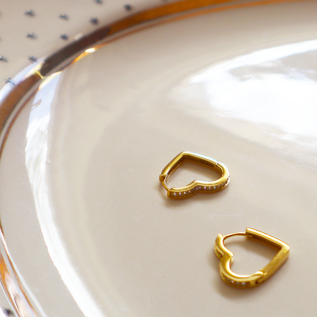 CZ Heart Gold Plated Sterling Silver Hoops