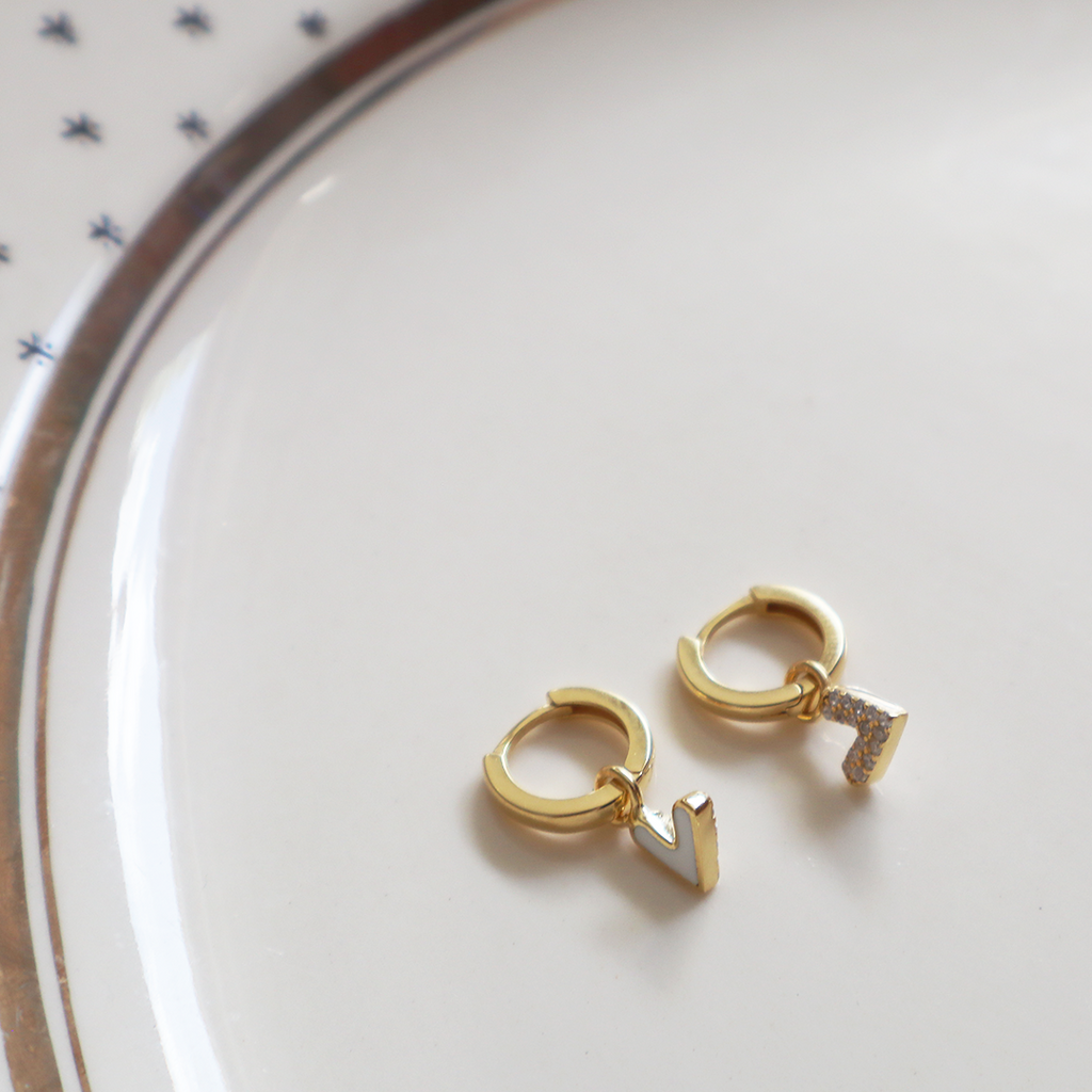 Double Sized Enamel & CZ Heart Gold Plated Sterling Silver Huggies