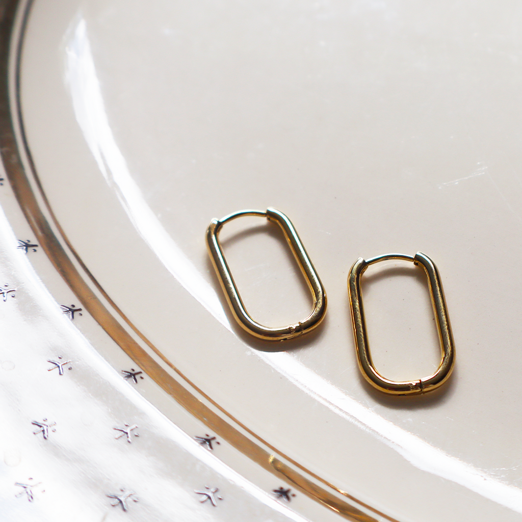 Elongated Drop Huggies in 18K Gold Plated Stainless Steel