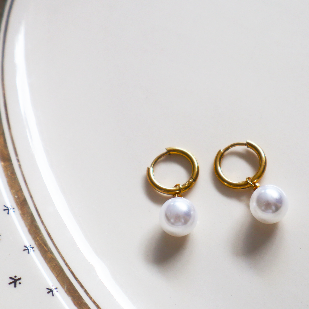 Pearl Huggies in 18K Gold Plated Stainless Steel